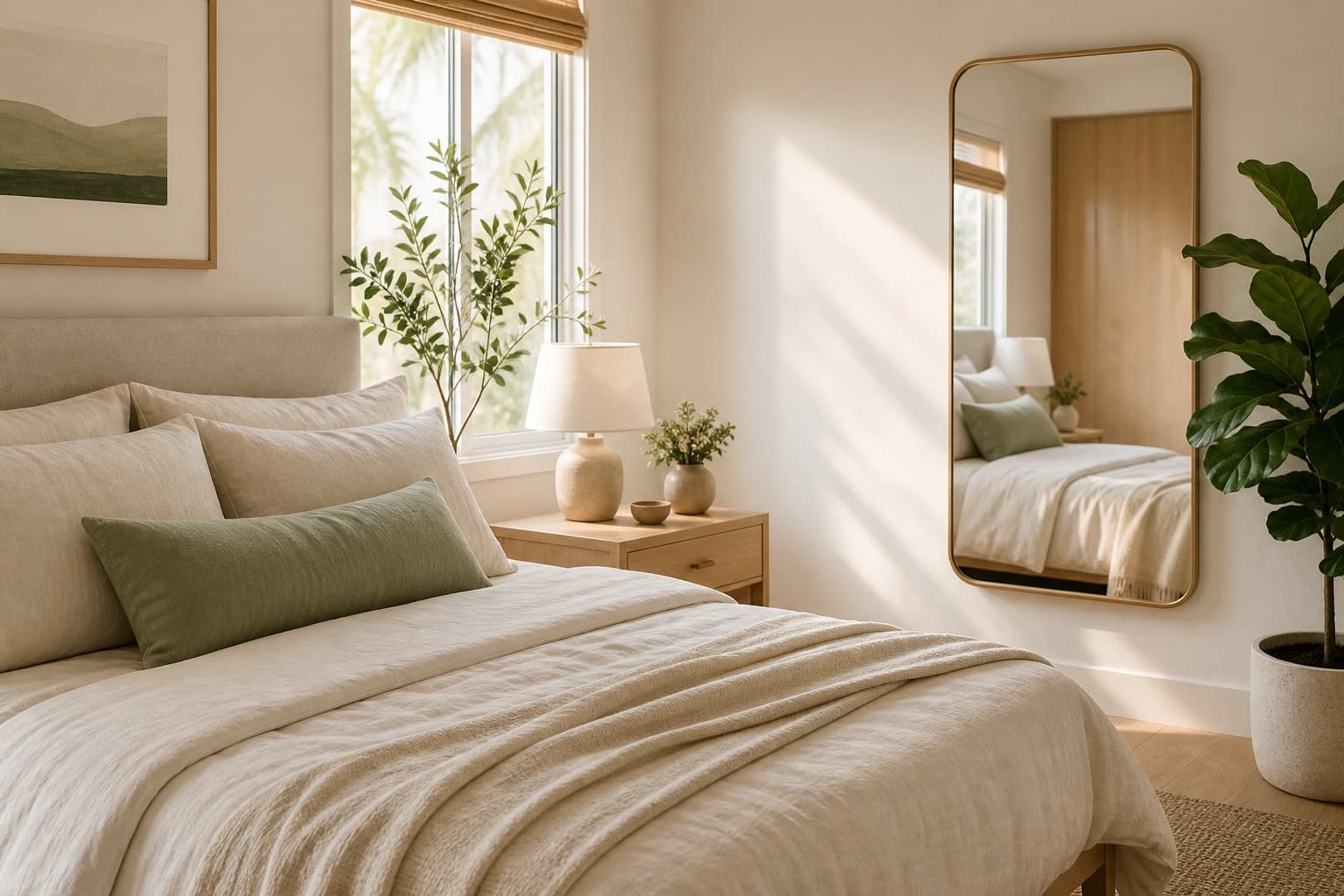 Calm Japandi bedroom with warm morning light and neutral linen bedding.