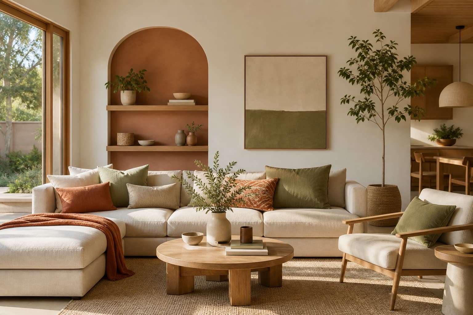 Calm home office desk with natural materials and soft light.