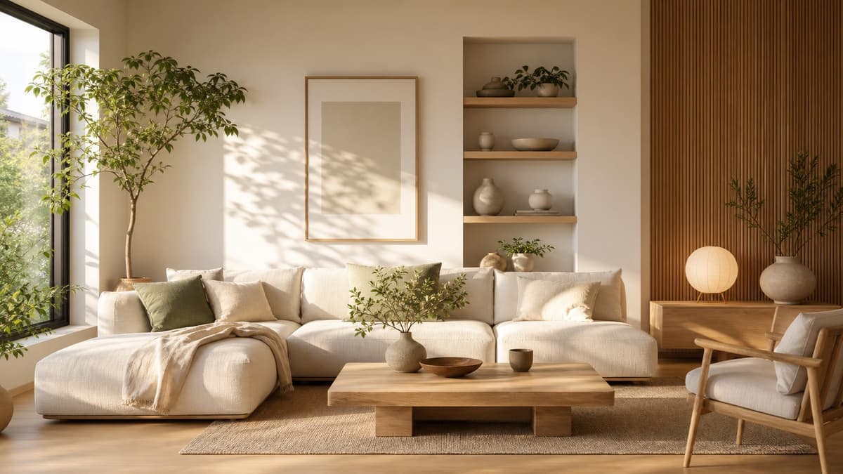 Warm living room with two matching chairs, soft textiles, and balanced symmetrical styling